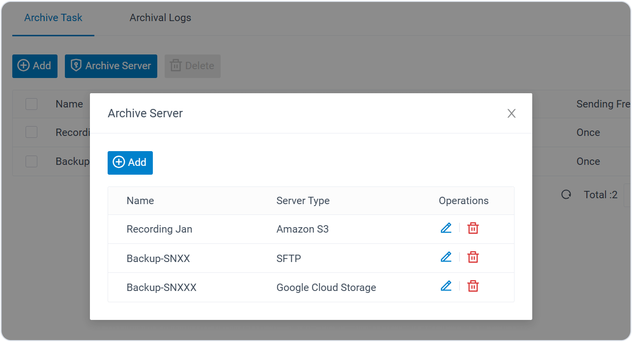 Screenshot: configure remote archive server on PBX