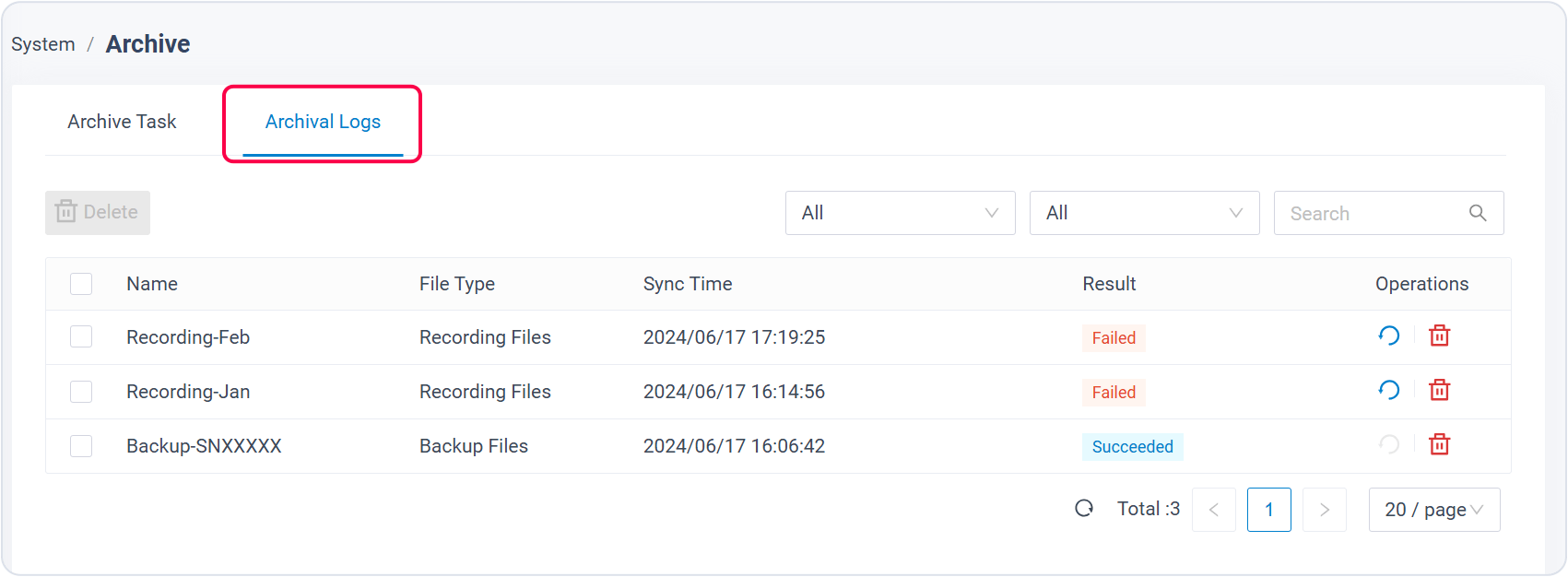 Screenshoot: recordings & system backups remote archival logs on PBX