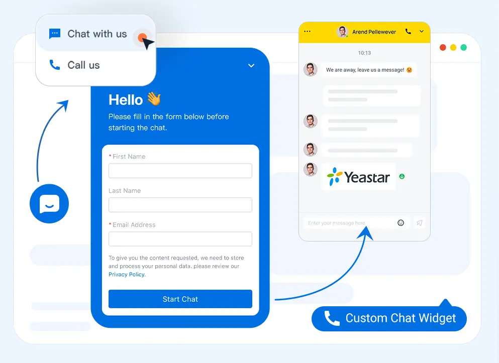 Yeastar Live Chat enables real-time communication with visitors via chat and calls.