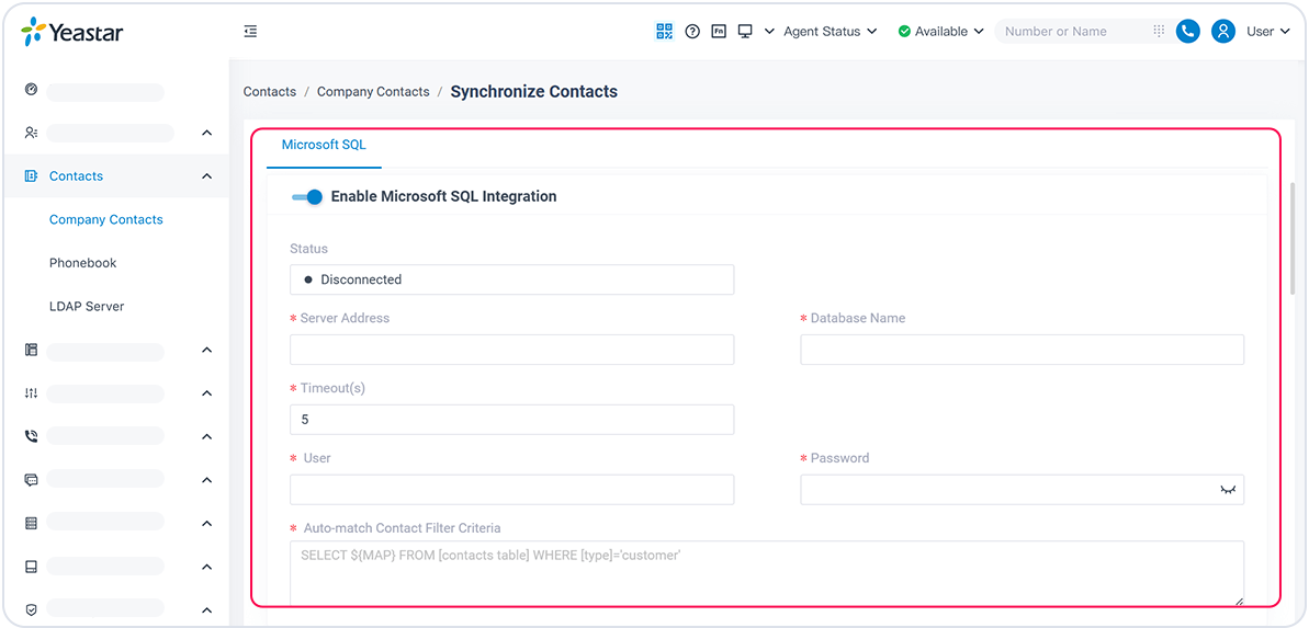 interface screenshot- integrating Microsoft SQL integration 