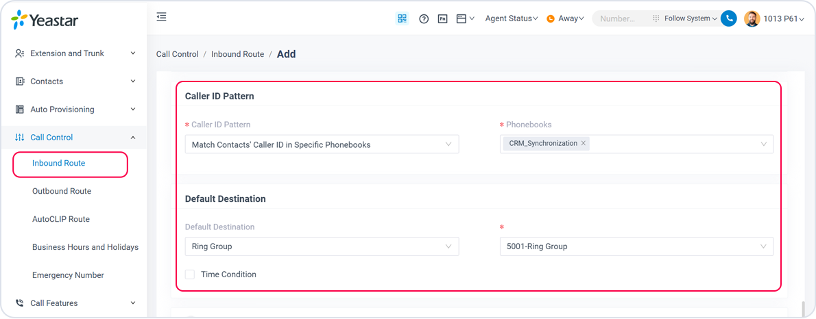 Interface Screenshot: configure phonebook matching rule on inbound route settings